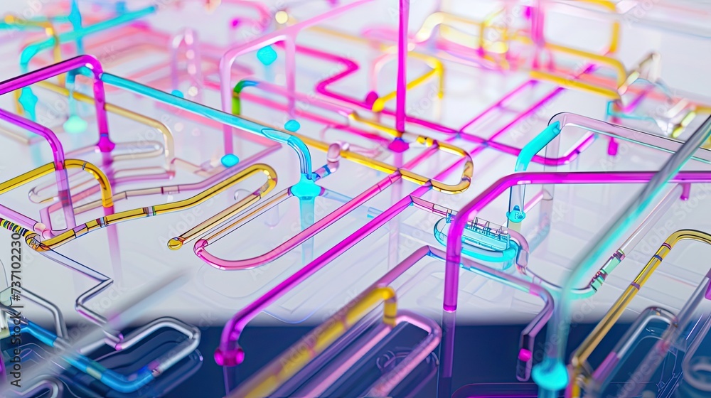 Poster a technical system with blue lines connecting different flow states