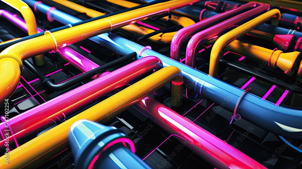 Poster a technical system with blue lines connecting different flow states