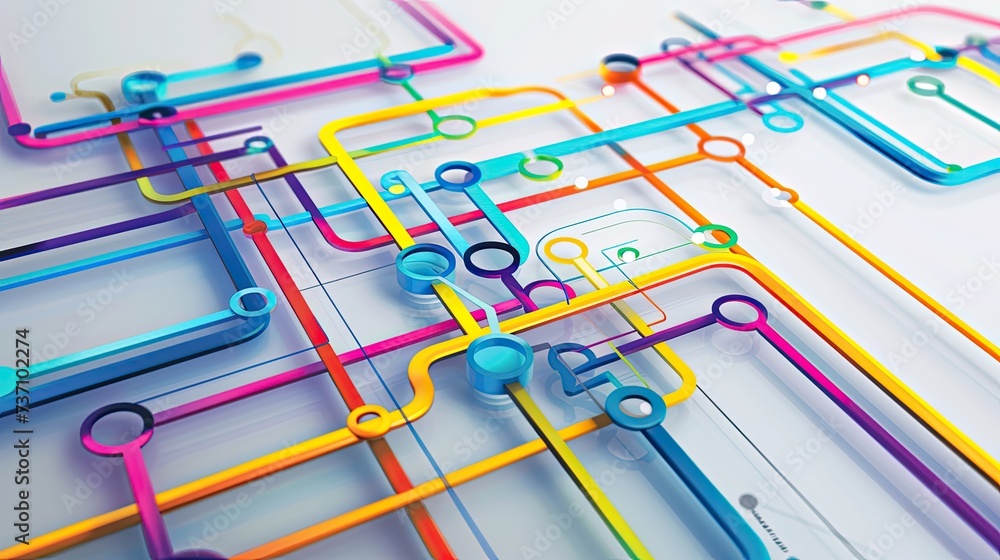 Poster a technical system with blue lines connecting different flow states