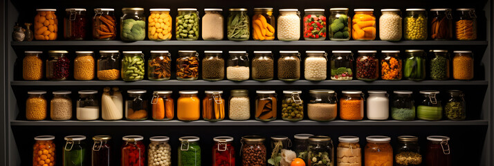 Well-Organized Food Stock in a Pantry Displaying a Variety of Foodstuff - obrazy, fototapety, plakaty