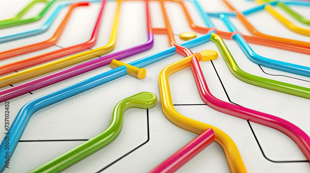 Poster a technical system with blue lines connecting different flow states