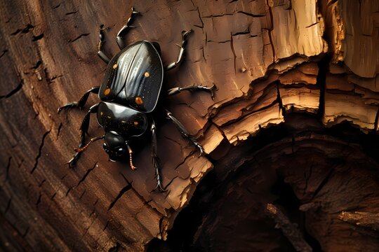 A close-up of a solitary beetle navigating the textured bark of an ancient tree, its shiny exoskeleton reflecting the surrounding forest.