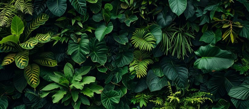 Dark green plants growing in a lush foliage background of tropical leaves like anthurium, epiphytes, or ferns, forming a beautiful green plant wall design in a cloud forest.