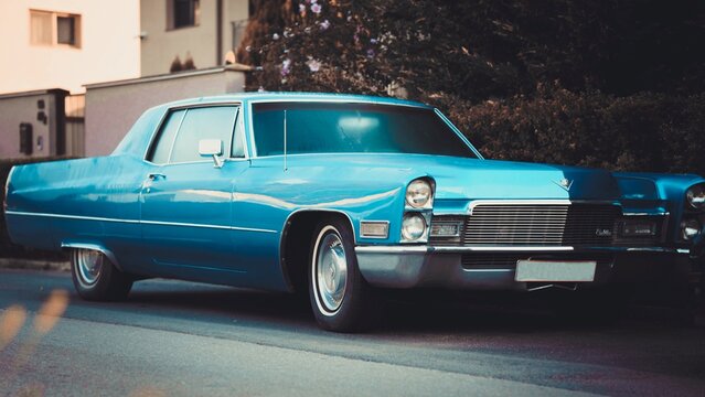 Vintage luxury old retro blue cadillac coupe deville on the street retro cars addict