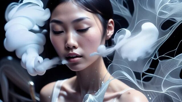 Fashion model creative portrait in flowing wispy ink and smoke. Loopable. AI generated.	
