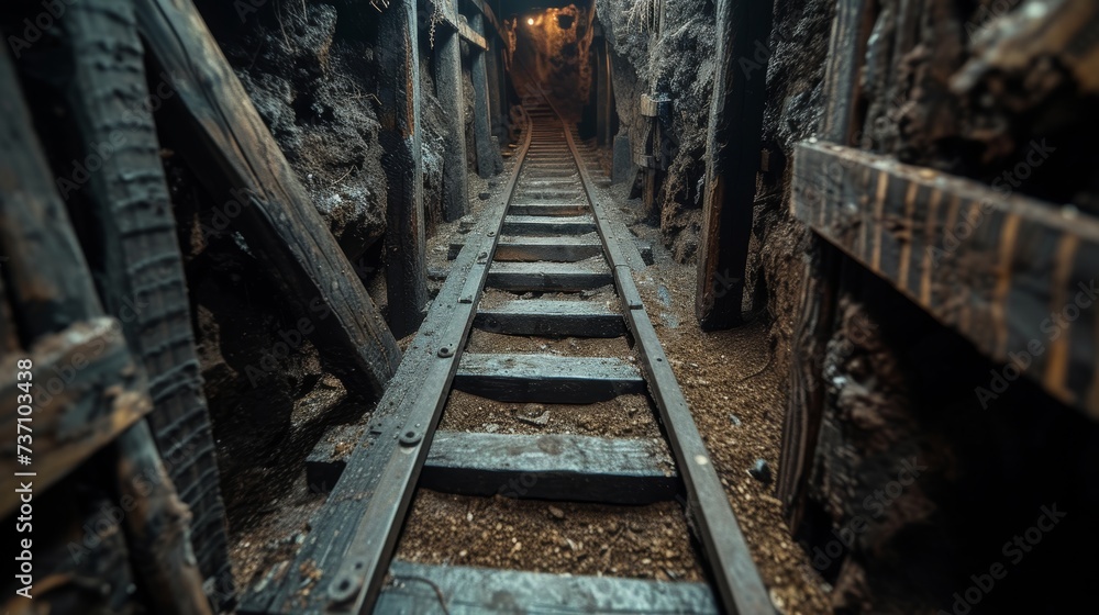 Wall mural Exploring the depths of a modern and narrow gold mine gallery with gleaming walls