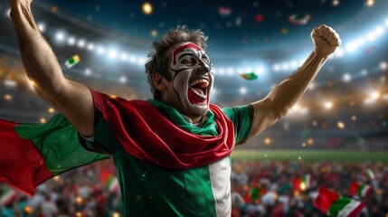 Naklejka premium Excited mexico fan with painted face, cheering at sports event, stadium background with text space