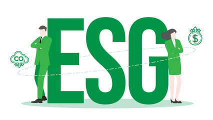 Businessman and Businesswoman standing pose with ESG. Corporate success, ESG Management, Leadership and Teamwork, Achieving Environmental Goals.