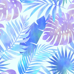 Watercolor Blue Tropical Leaves Pattern