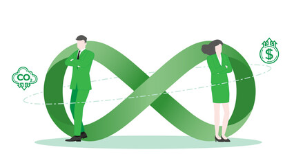 Environmental Goals in Sustainable Business Environment with Confident Businessman and Businesswoman standing pose with Infinity Symbol.