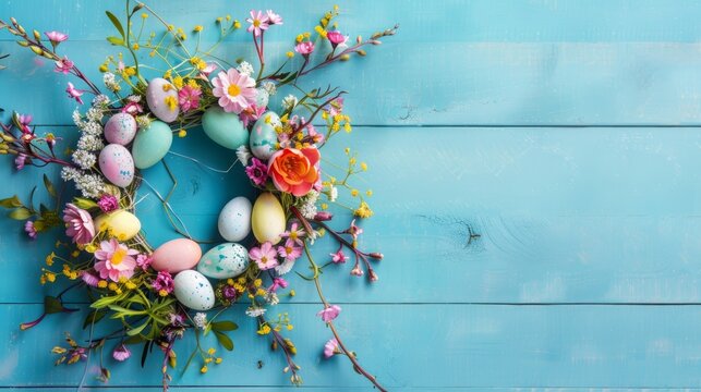 Osterkranz mit Fr&uuml;hlingsblumen und Ostereiern. Blumenkranz als Dekoration f&uuml;r Ostern.