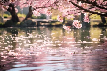 Obraz na płótnie Canvas Cherry blossom petals on the surface of a pond in spring