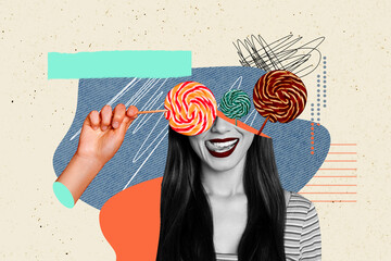 Portrait picture collage of young funky positive girl lick teeth when hungry addiction eating...