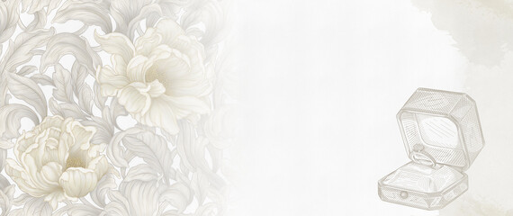 Wedding background. Luxurious baroque and victorian bouquet. Beige peonies, roses. Engagement ring with diamond in gift box.  Wedding website header. - 737103653