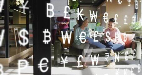Animation of currency symbols and data processing over diverse business people in office - Powered by Adobe