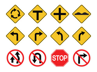 Set of Road Signs, arrow caution or danger sign, direction icon and information, stop, no bikes, no turn