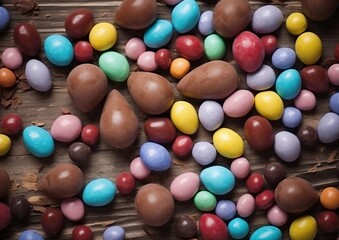 Chocolate easter eggs on wooden background. High resolution