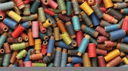 Colorful cotton threads arranged on tailor textile fabric background with various vibrant colors