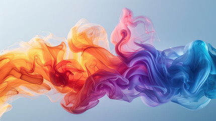 Fototapeta na wymiar Abstract swirls of multicolored smoke intertwining against a light blue background.