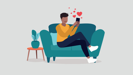 Vektor-Illustration eines Mannes der mit seinem Smartphone auf einer Online-Dating-Plattform flirtet - Dating-Konzept