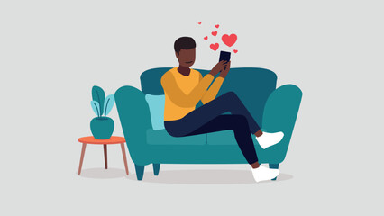 Vektor-Illustration eines Mannes der mit seinem Smartphone auf einer Online-Dating-Plattform flirtet - Dating-Konzept