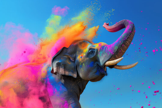 An elephant at India's Holi festival of colors. Festival of colors, colorful rainbow holi paint color powder explosion with clear blue sky panorama. Happy Holi colorful background.