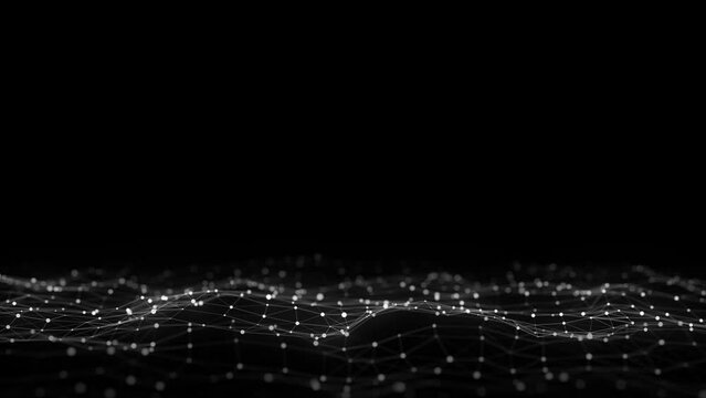 Dark cyberspace in digital background. Abstract technology black wave with motion dots and lines. Connection big data. Futuristic wireframe texture. Analysis a network connection. 3D rendering.