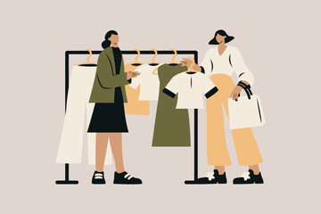 Extroverted Woman Shopping with Her Friend Vector Illustration