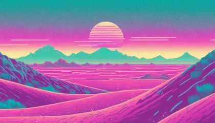 Poster Vaporwave Mars landscape, Vintage style illustration.Purple violet pink art cartoon colors retro style. © ARVD73