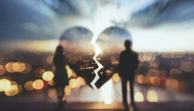 Broken heart silhouette, separation concept, abstract image with double exposure blur of a sad woman and man. separated from each other's body.