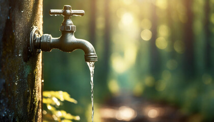 A metal water tap with water dripping from it.green forest background space. to the right of image and for your own text.World Water Day.Copy space.
