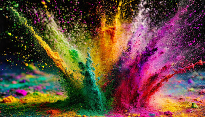 Holiday Holi concept.An explosion of multicolored paint, bright vibrant pigments, powder texture. Background for hindu design.Indian culture concept.