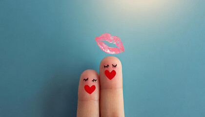 World kissing day.Painted finger kiss on light blue background. Copy space.