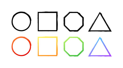 Geometric shapes icons. Circle, square, triangle shapes. Linear and flat style. Vector icons