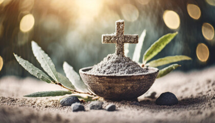 Christian cross and ash as symbol of religion, sacrifice, bowl with ashes and olive branch,redemption of Jesus Christ. Ash Wednesday concept. Blurred gray sand background.