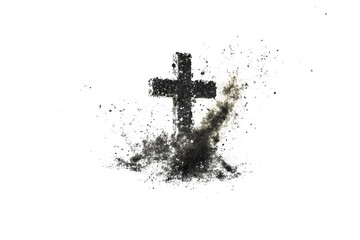 Cross made of ashes and floating in the air.Ash Wednesday, the time of Lent.Vintage abstract background. Cross made up of Ash.Isolated on white background.