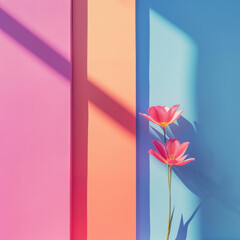 Sunny summer composition in bright pastel colors. Two pink flowers in sunlight with pastel pink, peach and blue background.