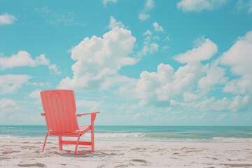 Sunny summer composition in bright pastel colors. Pink beach chair on a sand, beach with a clear blue sky in the background.