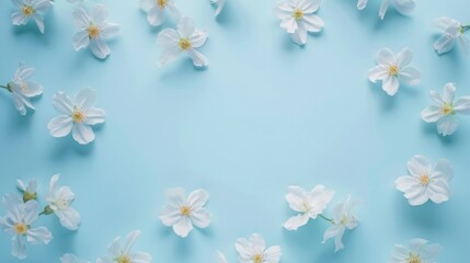Fototapeta na wymiar Flowers on Pastel Blue Background with Copyspace in the Center
