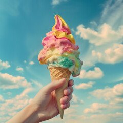 Juicy ice cream in a waffle cone with a topping and a clear blue sky in the background. Sea, vacation, travel, sun.