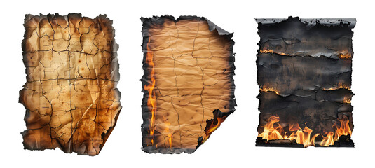 Old burnt paper set isolated on transparent background. Generative AI