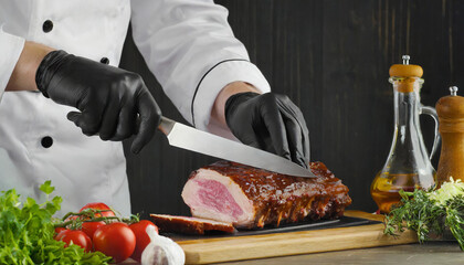 Fototapeta na wymiar Chef in black cooking gloves using knife to cut smoked pork ribs.Grill restaurant kitchen. A person preparing food, the process,closeup.