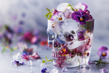 Crystal Skull Cocktail Glass Adorned with Vivid Spring Flowers, Icy Elegance