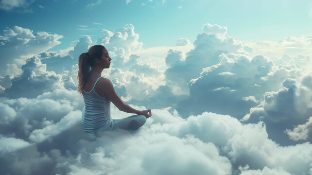 Young woman sitting in fluffy cottony clouds in sky on a dreamy scene meditating while practicing yoga in lotus position. De-stress, unwind, mindfulness, relaxation, state of mind concept