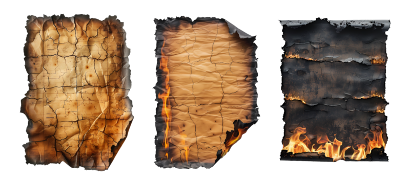 Old burnt paper set isolated on transparent background. Generative AI