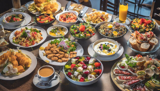 Breakfast meals variety in restaurant. Buffet table with different tasty snacks. Menu, banquet, party, appetizer concept. indoor shot, high quality photo.