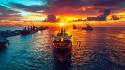 Cargo ship entering port during a vibrant sunset with cranes and a dramatic sky in the background.