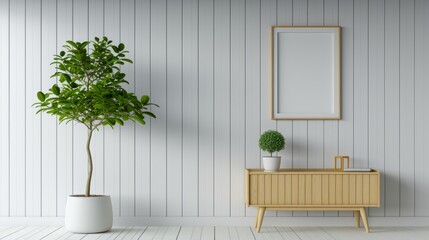 Blank poster frame mockup on white wall living room with wooden sideboard and small green plant