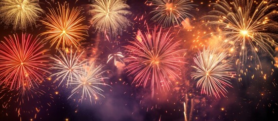 Naklejka premium Colorful Fireworks Exploding in the Night Sky Celebrating Event