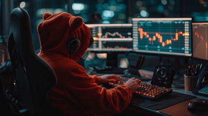 Cherry red bear in suit with downtrend candlestick charts, trading volatility, recession concept